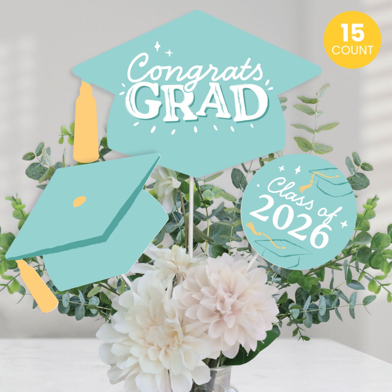 Big Dot of Happiness Mint Green 2026 Graduation Party Centerpiece Sticks, Congrats Grad Decor Class of 2026 Light Green Grad Table Toppers - 15 Pieces